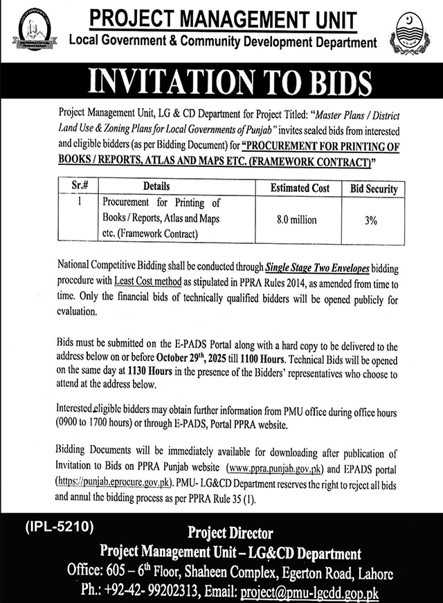 LG & CD Department Lahore Tender Notice